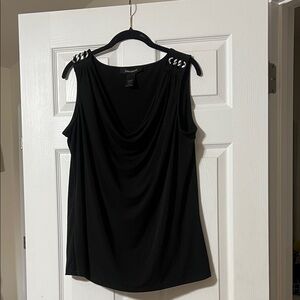 Elegant Black Sleeveless Drape Neck Top with silver chain detailing. Size 14/16W